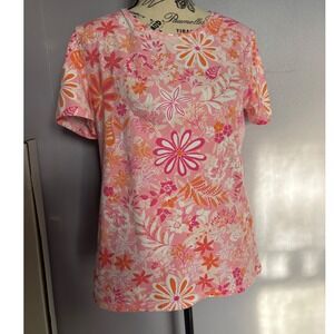 Talbots Tee Pink Orange Floral Short Sleeve Cotton Spandex Top Petite Medium